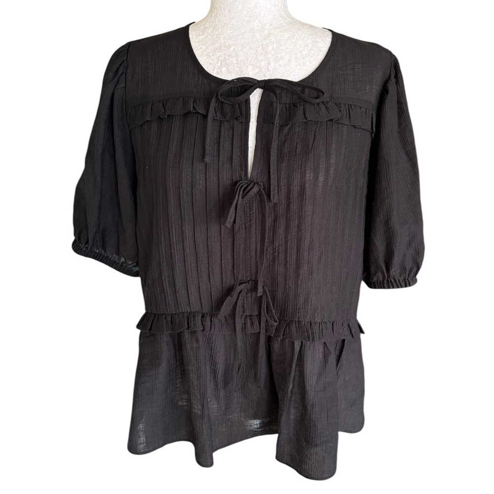 Laura Ashley Black Pintucked Pleated Bow Tie Front Ruffle Peplum Blouse - M